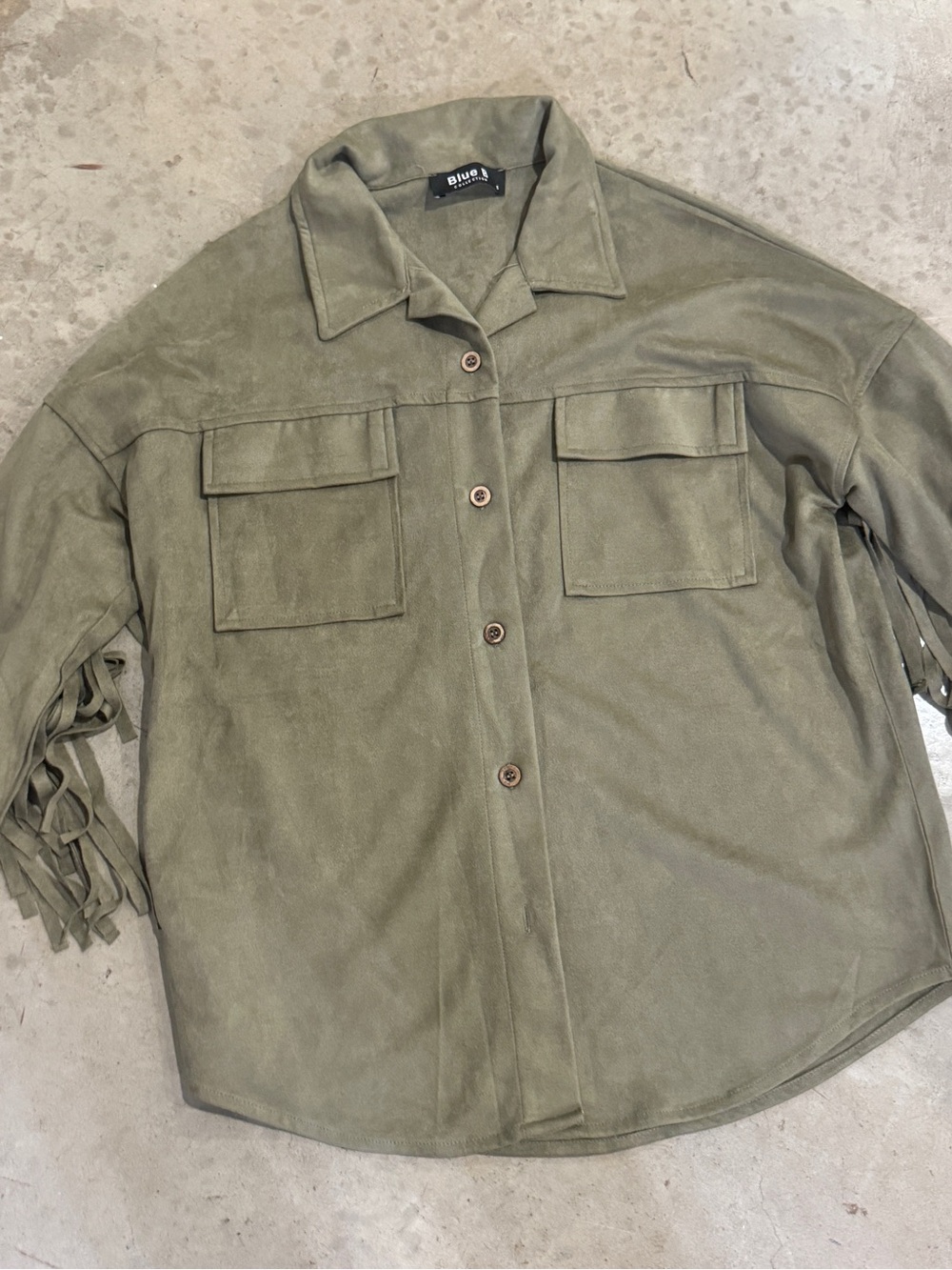 Olive Green Button-Front Suede Shacket with Fringe Sleeves